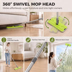 360 swivel flat mop head with stainless-steel pole, green base, and grey wringer bucket