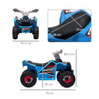Blue ride-on quad bike with black seat, shown from front and side angles
