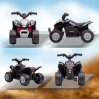 Black kids electric quad bike shown in four views, with red suspension