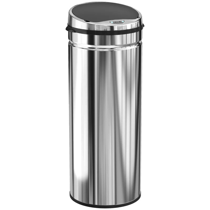 Silver stainless steel sensor trash bin with round black lid