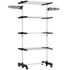 Black four-tier collapsible clothes drying rack with side arms and wheeled base