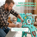 Adult assembling teal kids slide with lion basketball hoop and sturdy base