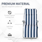 Blue and white striped folding sun lounger with padded cushion and sturdy steel frame