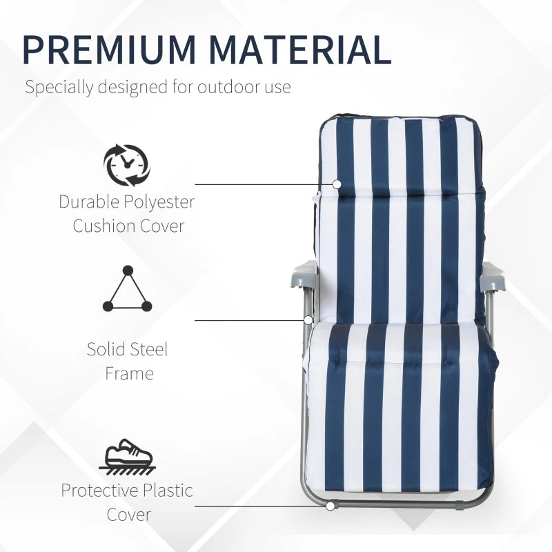 Blue and white striped folding sun lounger with padded cushion and sturdy steel frame