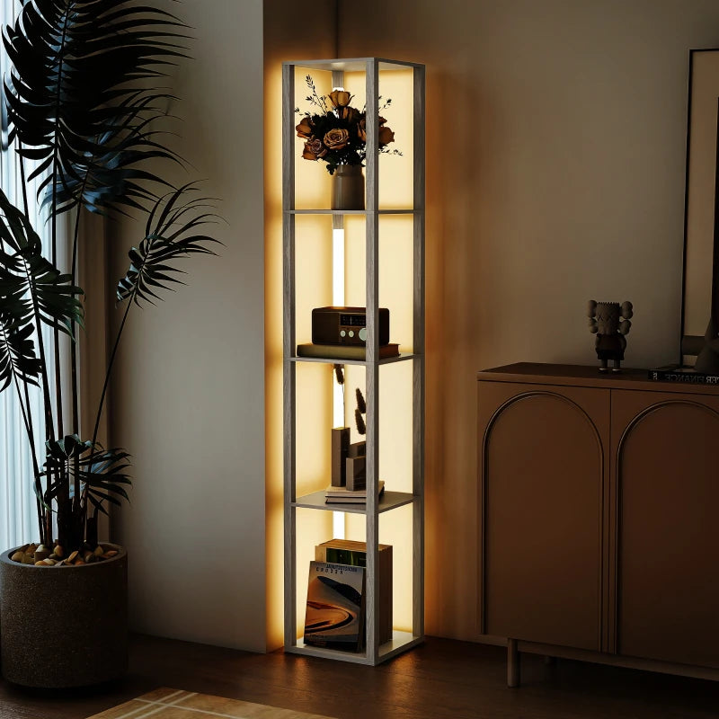 Floor lamp with open shelves, glowing warm light from light-wood rectangular frame