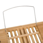 Bamboo bathtub shelf caddy with wire handle and slatted support surface