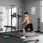 Black power tower with resistance bands and dip/bench station for workouts