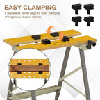Folding work bench clamp table with four adjustable swivel pegs on the yellow work surface