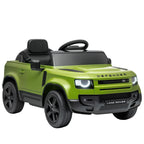 Green kids electric ride-on car with black wheels and steering wheel, front three-quarter view