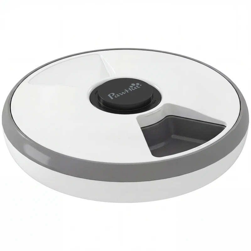 Grey and white automatic cat feeder with circular lid and black control button