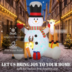 LED inflatable snowman with striped scarf and two reindeer figures in a standing pose