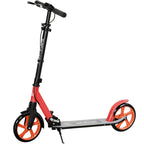 Red and black folding kick scooter with orange front and rear wheels, kickstand