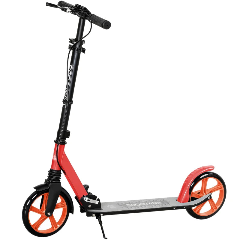 Red and black folding kick scooter with orange front and rear wheels, kickstand