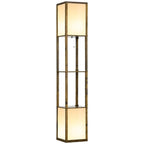 Brown standing shelf floor lamp with two lit glass panels and metal frame