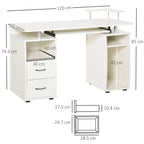 White computer desk with built-in shelves and drawers, shown with dimensions