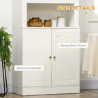 White double-door cabinet with raised panels and metal knob handles