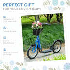 Blue kids kick scooter with front basket, parked on a garden path