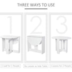 White folding drop-leaf table showing multiple leaf configurations for seating