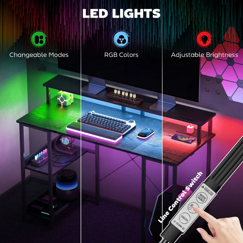 Black LED desk with RGB lighting system, adjustable brightness, and control switch