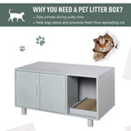 Grey wooden cat litter box enclosure with private open bay for litter and scratching