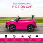 Pink kids electric ride-on car side view with raised steering console
