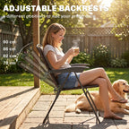 Brown folding armchairs with adjustable backrest positions and round glass-top table