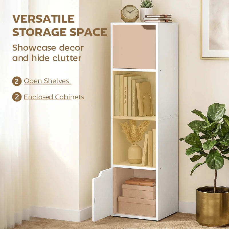 White narrow bookshelf cabinet with two enclosed doors and two open shelves on sides
