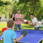 Blue table tennis table with red paddles, orange balls, and black net