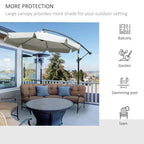 Cream banana cantilever umbrella with large canopy over outdoor seating area