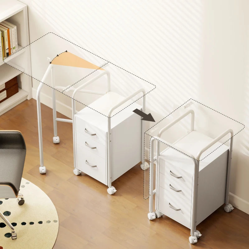 White foldable office desk with 3 drawers and extendable top on caster wheels
