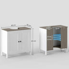 White sink base cabinet with dark top; side view and open door measurements shown.