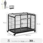 Dark grey metal dog kennel with front door and openable top, shown with size dimensions