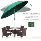 Green garden parasol with adjustable angled canopy and crank pole