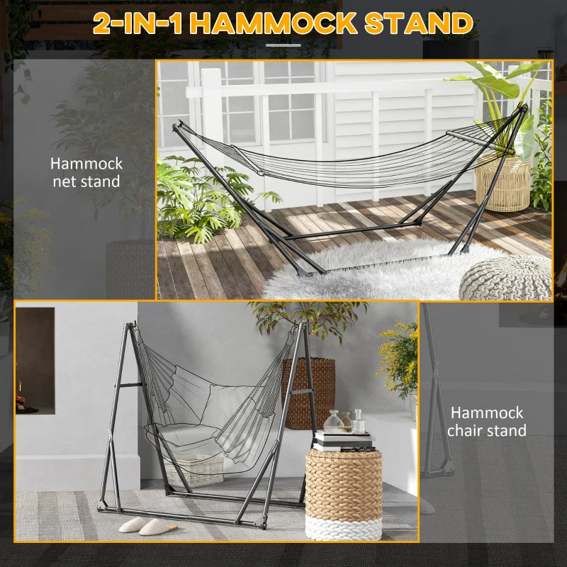 Black hammock net chair stand with suspended hammock fabric