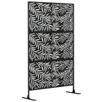 Freestanding black metal privacy screen with willow-leaf cutout pattern