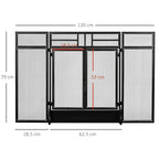 Black 3-panel folding fireplace screen with double door, shown with size dimensions