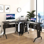 Black L-shaped corner desk with CPU rack and sliding keyboard tray, steel legs.