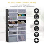 Multi-storage cube shoe cabinet with gray cubbies, black outer frame, stocked with shoes