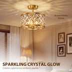 Gold-tone semi-flush ceiling light with interwoven prism crystal shade and central sockets