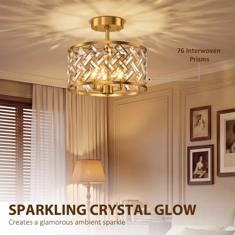 Gold-tone semi-flush ceiling light with interwoven prism crystal shade and central sockets