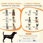 White dog crate furniture layout for two small rooms with divider panel and black bars