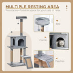 Grey cat tree tower infographic highlighting multiple resting areas and cubby bed