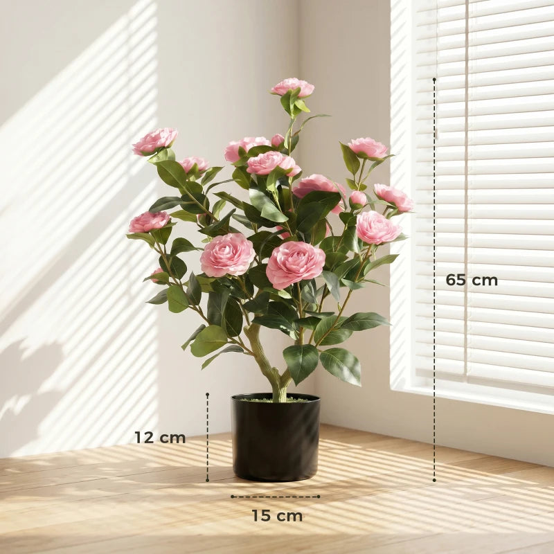 Pink artificial camellia plant with blooms in a black pot, 65 cm tall