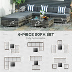 Grey 6-piece rattan sofa set layout diagram with cushions and coffee table