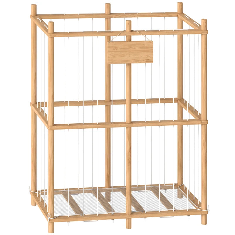 Natural wood stuffed animal storage organizer with open front cage and vertical bars