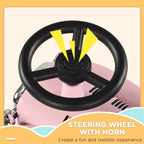 Pink ride-on car steering wheel with horn grille and chrome front headlights