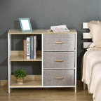 Storage dresser cabinet with three grey fabric drawers and open shelving unit