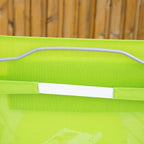Close-up of green fabric on a folding chaise lounge recliner frame