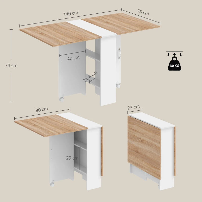 White drop-leaf dining table with natural wood tops and 2-tier storage, shown with measurements