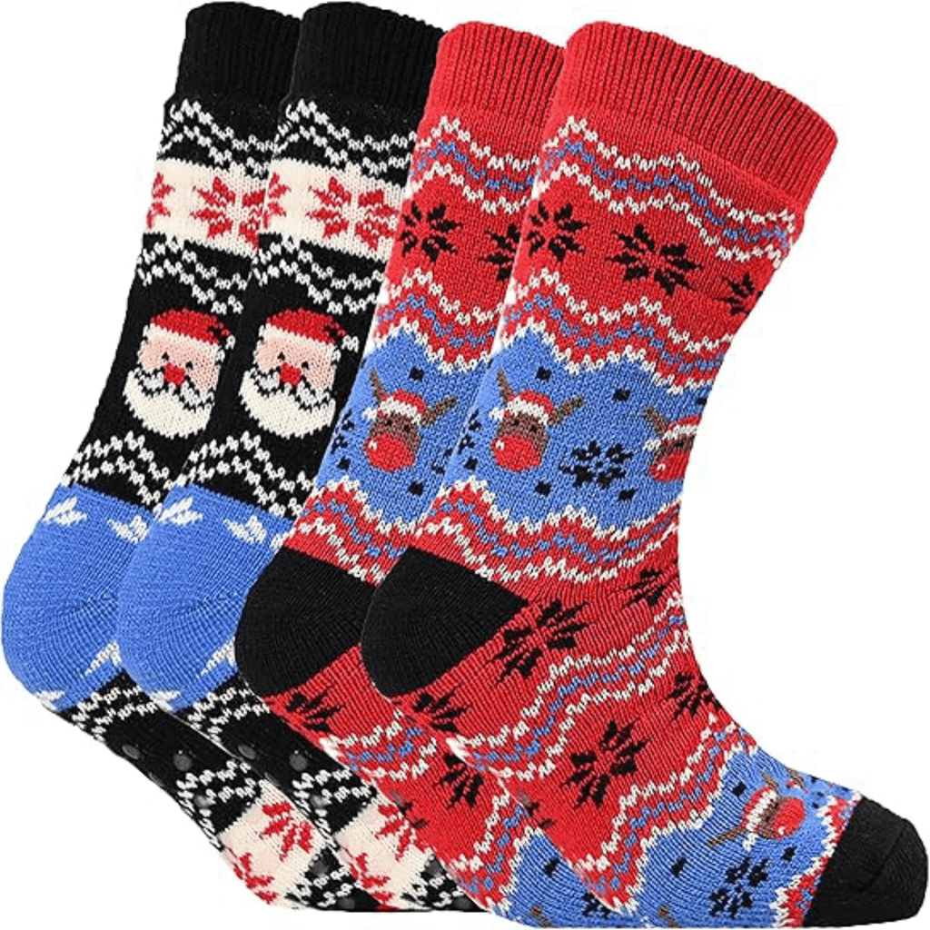Pack of 2 Men's Festive Xmas Chunky Knit Slipper Socks with Grips Thick Warm Non-Slip Indoor Bed Socks Gift